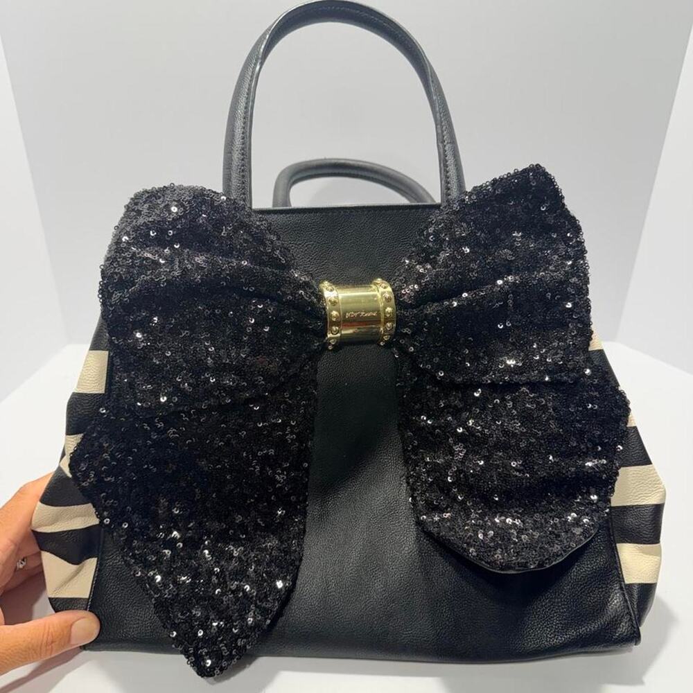 Betsey Johnson Tote Bag Black White Stripe Large Sequin Bow Gold Hardware